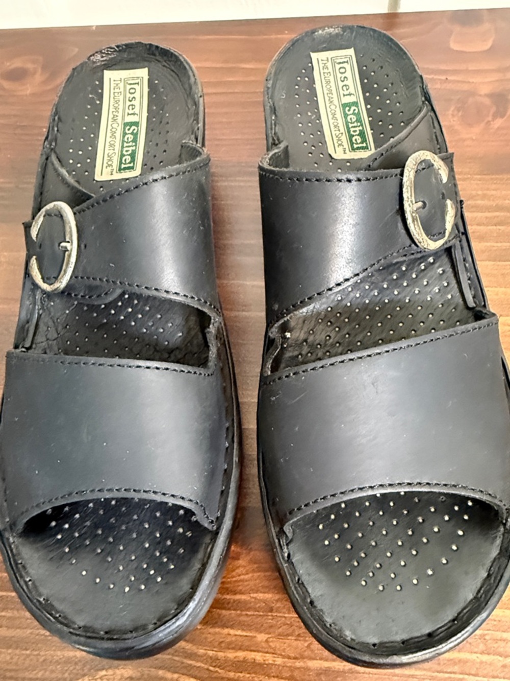 Josef Seibel Black Leather comfort Slip-On easy everyday sandals summer mules